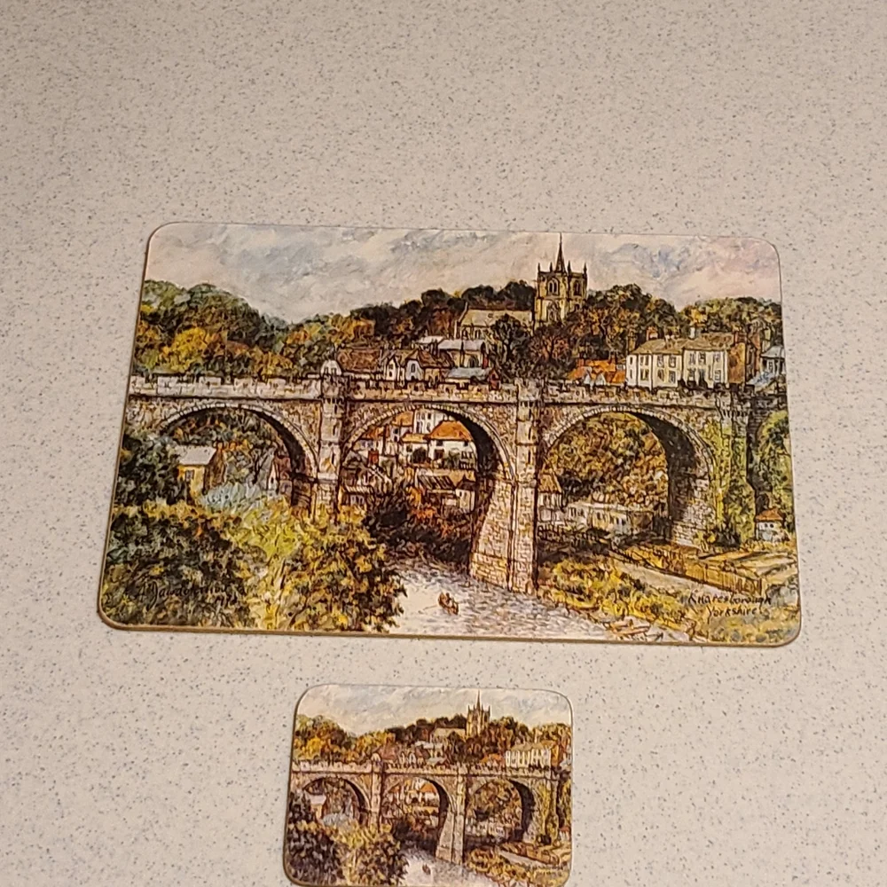 Scenic Bridge Design Dinning Place Setting With Matching Coaster Set